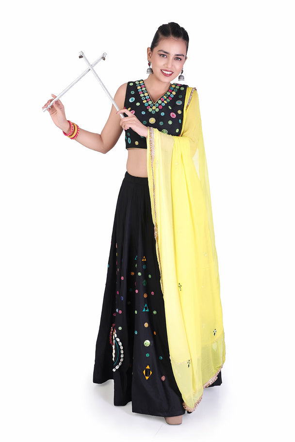 black multicolor printed lehenga with yellow dupatta