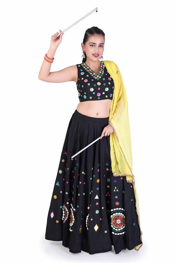 black multicolor printed lehenga with yellow dupatta