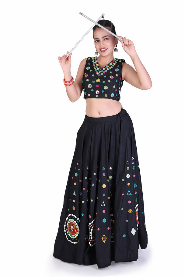 black multicolor printed lehenga with yellow dupatta