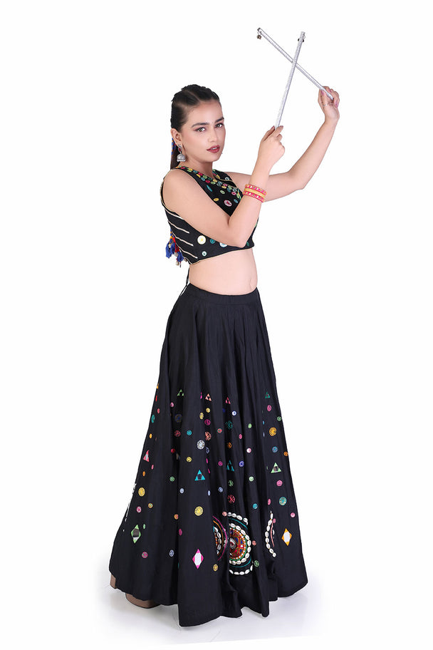 black multicolor printed lehenga with yellow dupatta