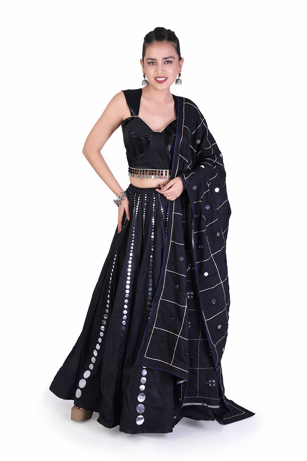 black & silver mirror work lehenga choli set