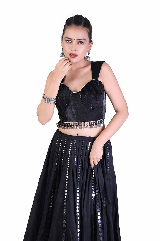 black & silver mirror work lehenga choli set