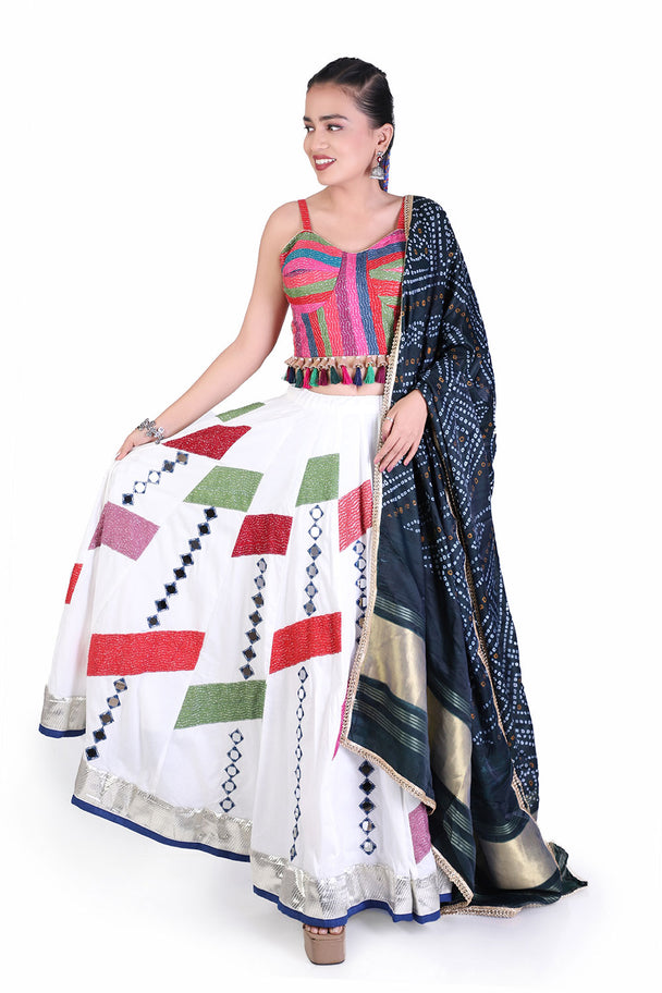 ivory printed lehenga with geometric multicolor blouse & dupatta