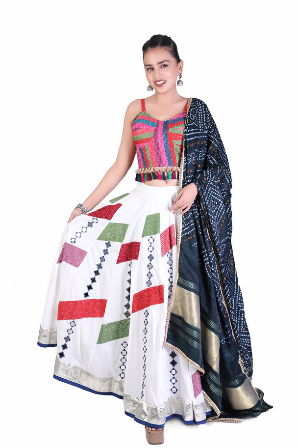 ivory printed lehenga with geometric multicolor blouse & dupatta