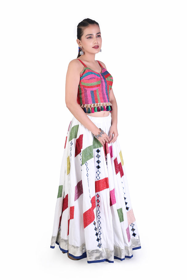 ivory printed lehenga with geometric multicolor blouse & dupatta