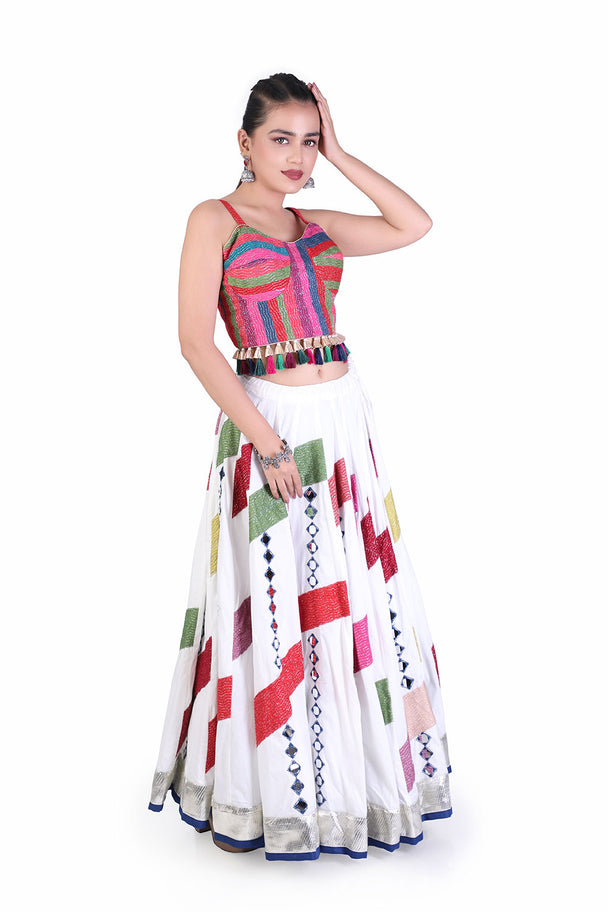 ivory printed lehenga with geometric multicolor blouse & dupatta