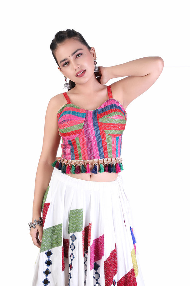 ivory printed lehenga with geometric multicolor blouse & dupatta