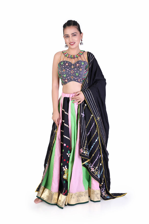 pastel green & pink striped lehenga with embroidered blouse