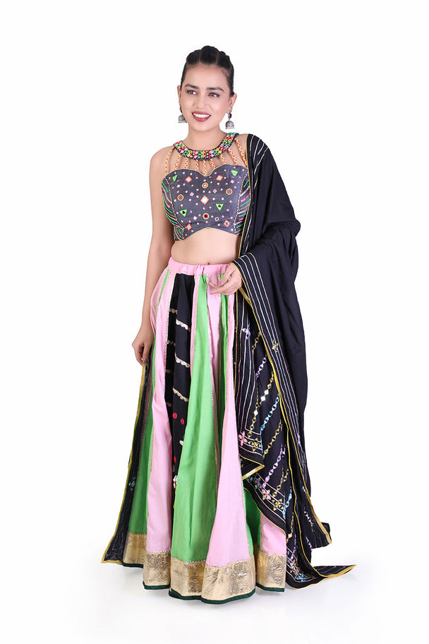 pastel green & pink striped lehenga with embroidered blouse