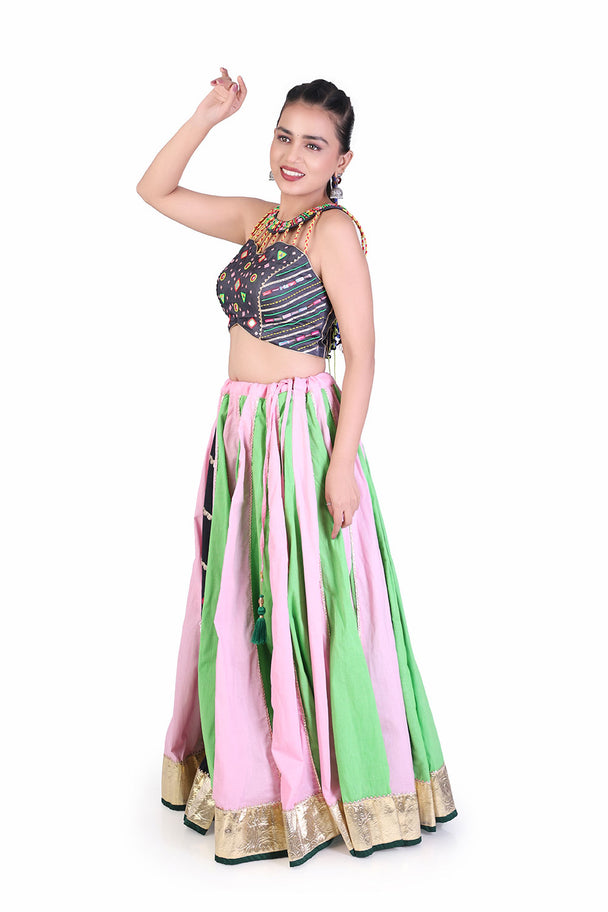 pastel green & pink striped lehenga with embroidered blouse