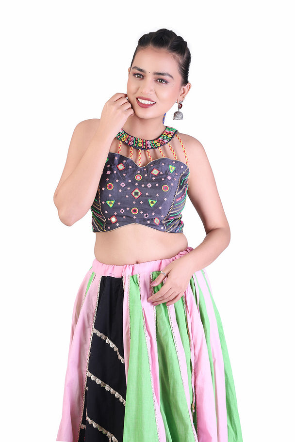 pastel green & pink striped lehenga with embroidered blouse