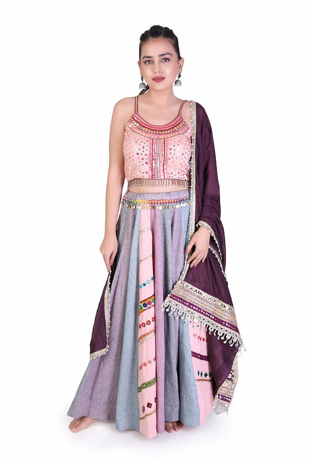 pastel pink & lavender lehenga with embroidered blouse & dupatta