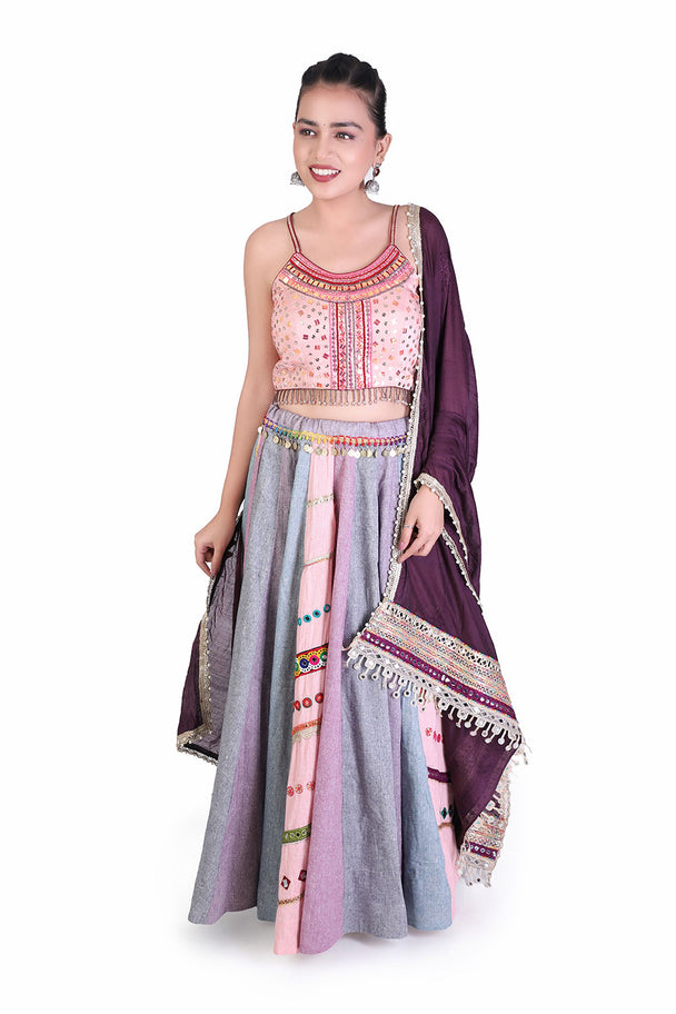 pastel pink & lavender lehenga with embroidered blouse & dupatta