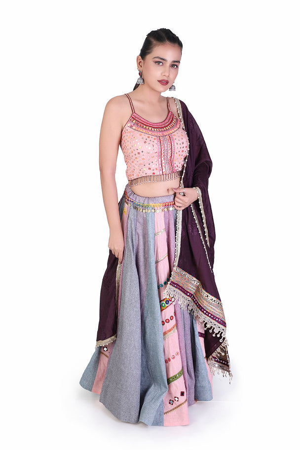 pastel pink & lavender lehenga with embroidered blouse & dupatta