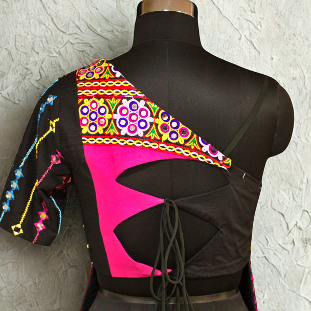 long blouse with back strings, lace work, hand work, and one side sleeves