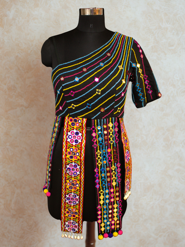 long blouse with back strings, lace work, hand work, and one side sleeves