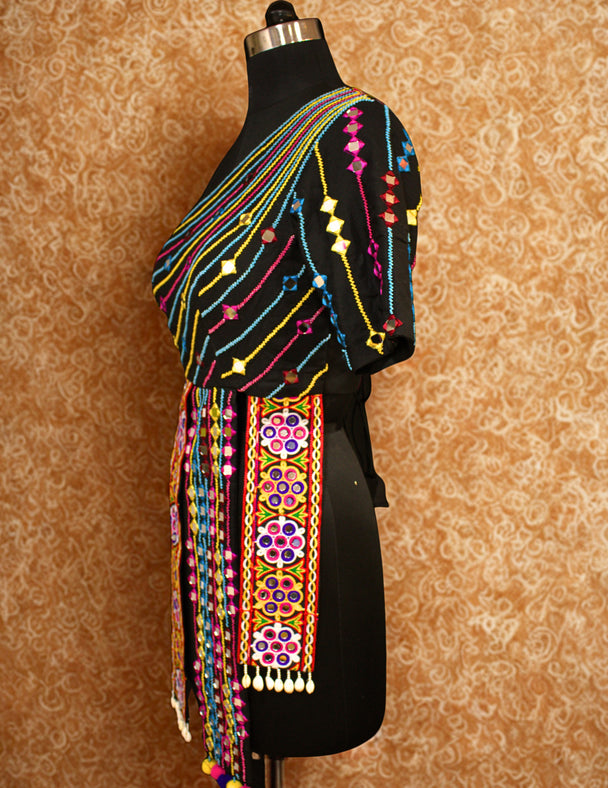 long blouse with back strings, lace work, hand work, and one side sleeves